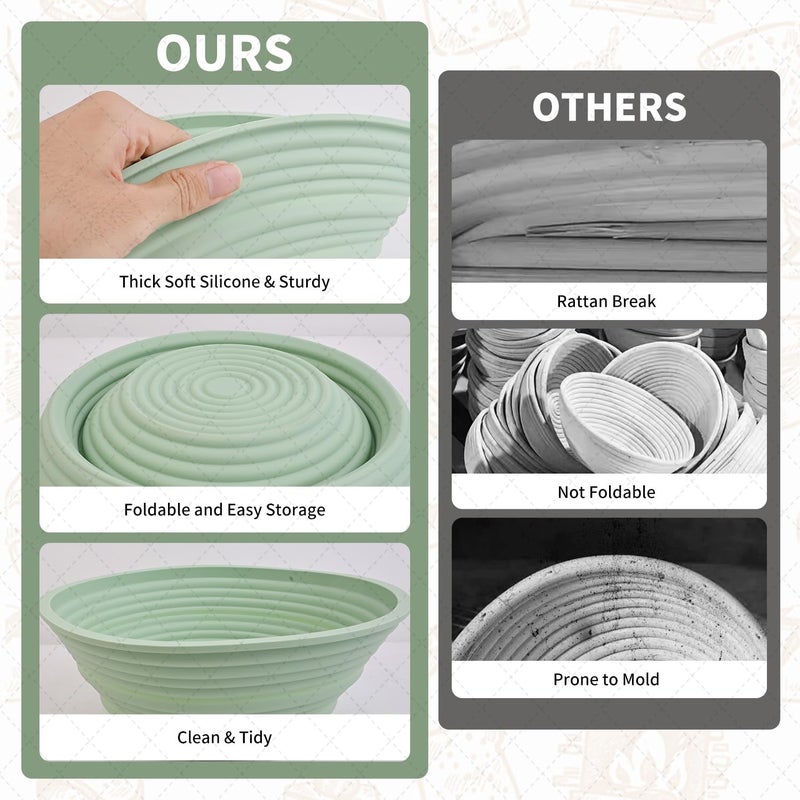 CHAMEX 2Pcs Silicone Banneton Bread Proofing Baskets, 10" Oval & 9" Round Foldable Non-Stick Dough Proofing Bowl Containers-BPA Free, Optimum Sourdough Bread Baking Supplies (Green) - Image 3
